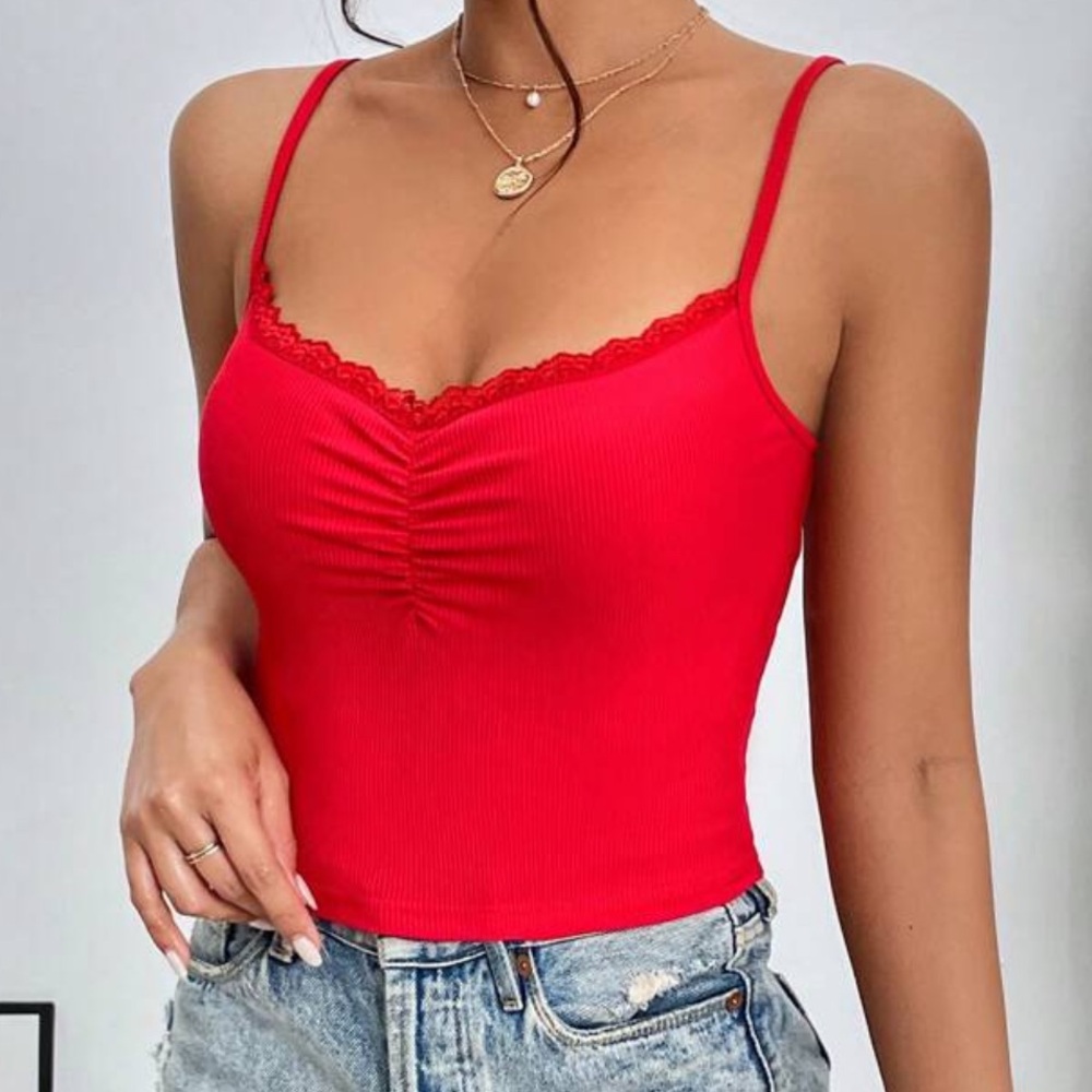 Red Lace Trim Camisole Top